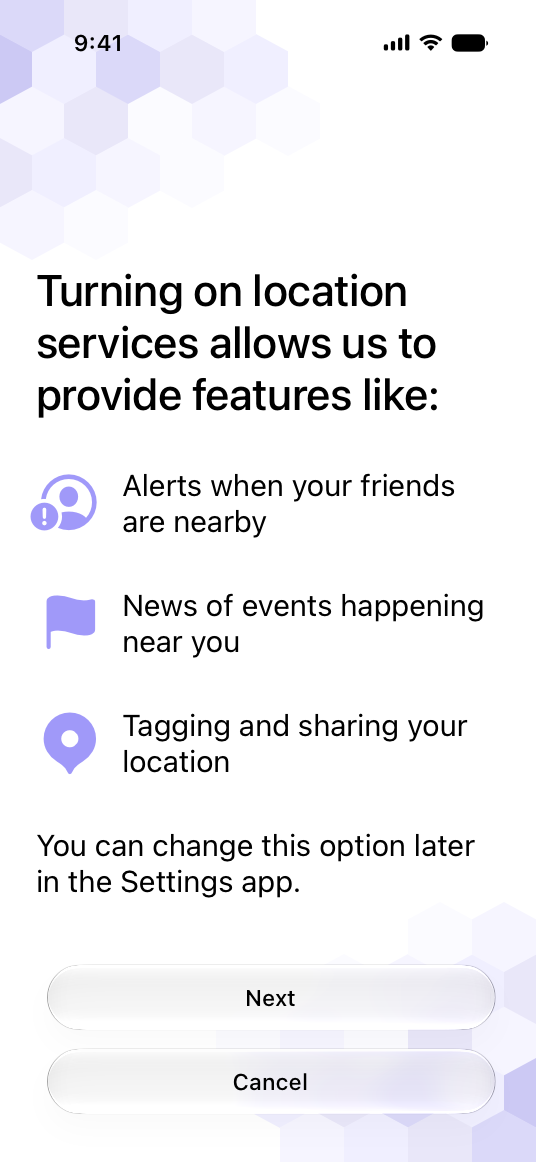 A screenshot of an app’s pre-alert screen that includes a button titled Cancel that appears below the Next button.