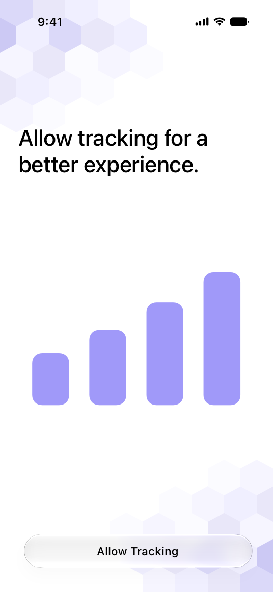 A screenshot of an app’s pre-tracking message that reads Allow tracking for a better experience. Below the text is a bar graph image that shows four bars increasing in height from left to right. Below the graph is a button titled Allow Tracking.