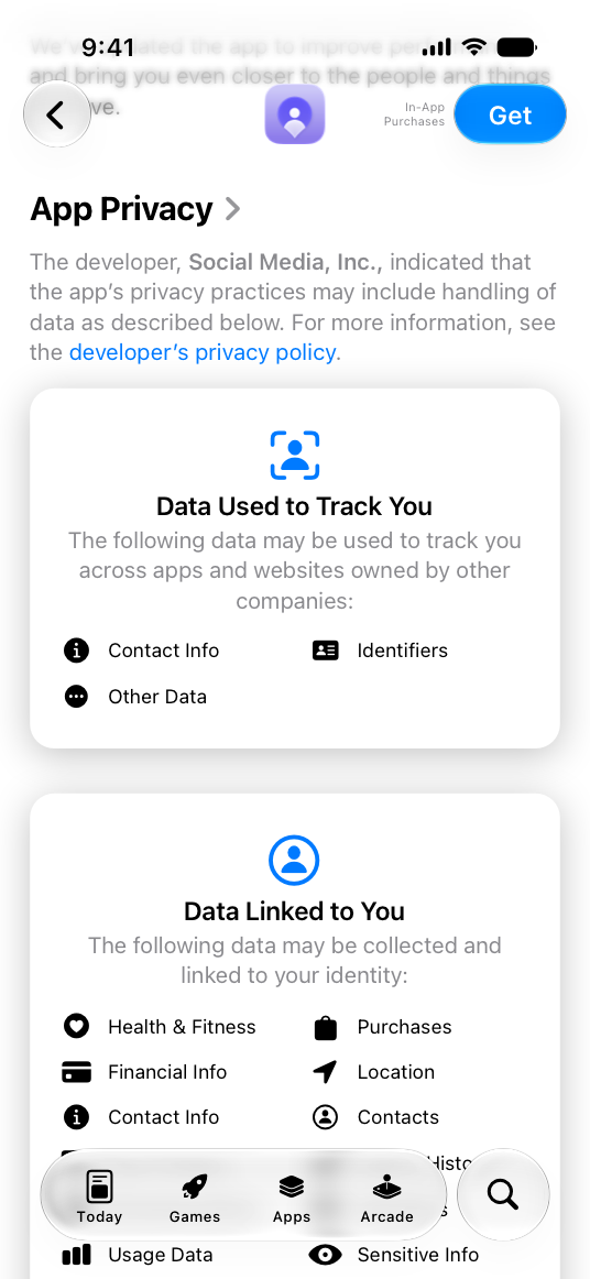 A screenshot of the App Privacy screen in an app’s App Store product page. The top card in the screen is titled Data Used to Track You and lists contact info, other data, and identifiers. The bottom card is titled Data Linked to You and lists health and fitness, financial info, contact info, purchases, location, and contacts.
