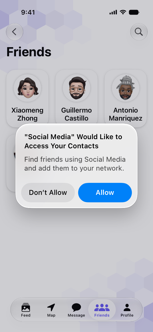 A screenshot of a permission alert for a social media app displaying a purpose string that reads Social Media Would Like to Access Your Contacts. Find friends using Social Media and add them to your network. The string is followed by two side-by-side buttons: Don’t Allow and Allow.
