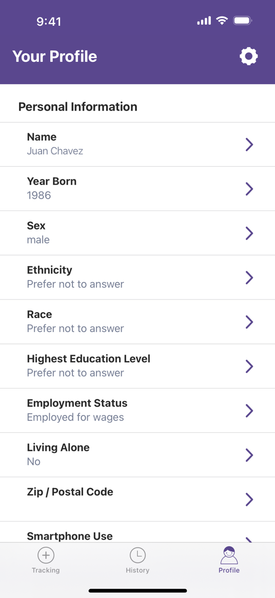 A screenshot that shows a ResearchKit app's profile screen on iPhone. This particular screen includes a list of fields for personal information like name and birth year. Each field includes a button for editing the field's value. The top of the screen includes a settings button, and the bottom of the screen includes tabs for 'Tracking', 'History' and 'Profile'. The active tab is 'Profile'.