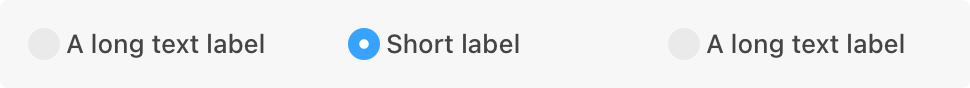 An illustration that shows three items in a row, with a radio button preceding each item. The first and third items have long text labels, while the second has a short label. The horizontal space each item occupies is equal. A filled radio button precedes the second item, indicating that it's selected.
