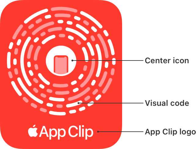 A scan-only App Clip Code with callouts for the center icon, visual code, and the App Clip logo.