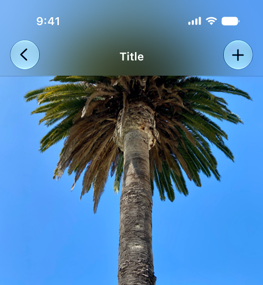 A screenshot of the top half of an iPhone app, with a photograph of a palm tree as the background and a top toolbar with a Back button, title label, and Add button. The transition between the toolbar and background uses a hard scroll edge effect, which applies a more opaque blur with a defined edge at the bottom of the bar.
