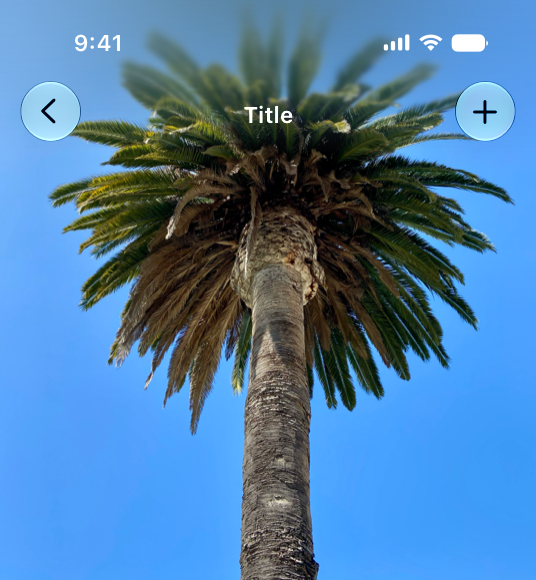 A screenshot of the top half of an iPhone app, with a photograph of a palm tree as the background and a top toolbar with a Back button, title label, and Add button. The transition between the toolbar and background uses a soft scroll edge effect, which applies a variable blur that provides a softer fade toward the bottom of the bar.