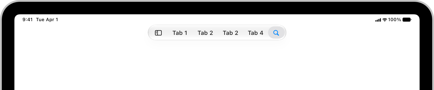 An illustration of an iPad screen with a tab bar at the top edge. The trailing side of the tab bar includes a Search tab with a distinct background color to differentiate it from other tab areas.