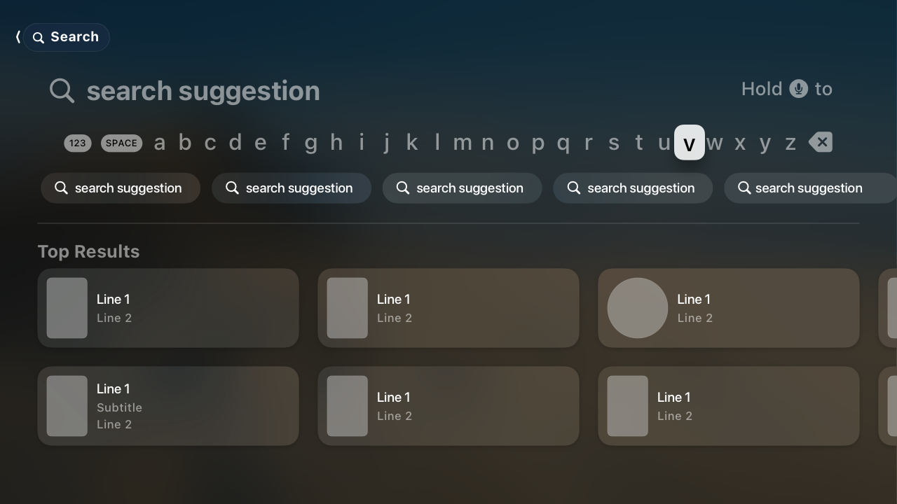 An illustration of a search screen in tvOS. The screen includes a field with a keyboard input area at the top, a scope bar, and a grid of top results at the bottom.
