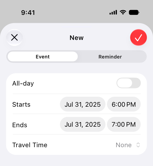 A screenshot of the top half of the iOS Calendar app, showing the New Event sheet. A segmented control provides the ability to switch between adding a new event and a new reminder.