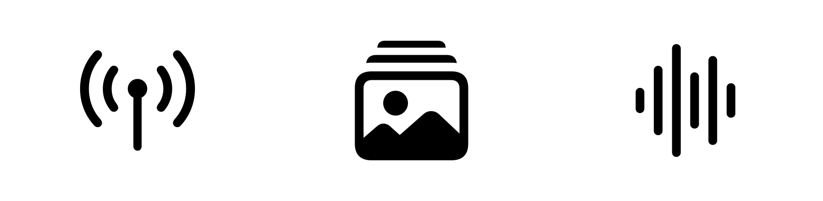 A video showing three symbols with the same appear animation effect applied to each. In each animation, the symbol layers gradually animate into view. From the left, the symbols are an antenna with radio waves that animate from the center outward, a photo stack with lines representing a stack animating from the bottom to the top, and a waveform animating from left to right.