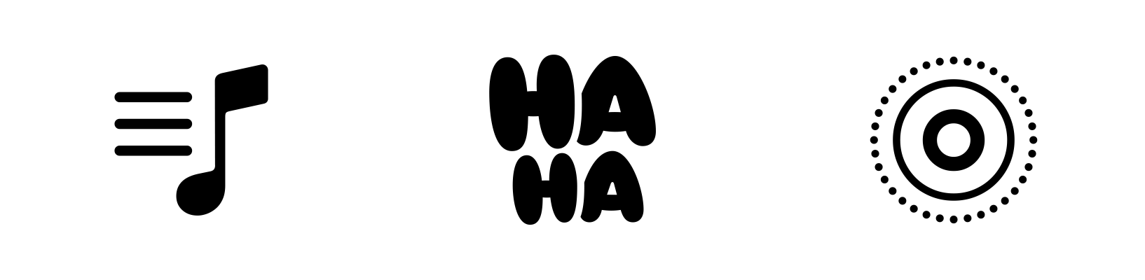 A video showing three symbols with the same bounce animation effect applied to each. In each animation, the symbol layers individually bounce. From the left, the symbols are a music note with three lines, text that reads haha, and the Live Photos icon.