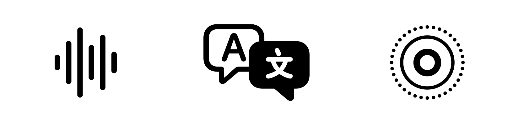 A video showing three symbols that breathe in and out, growing and shrinking in size and changing opacity in a smooth rhythm. From the left, the symbols are a stylized waveform of vertical lines that expand and contract from left to right with a pulse of variable opacity; a pair of translation word bubbles that grow with reduced opacity, then shrink with increased opacity; and three concentric mindfulness rings that pulse outward with reduced opacity, then inward with increased opacity.
