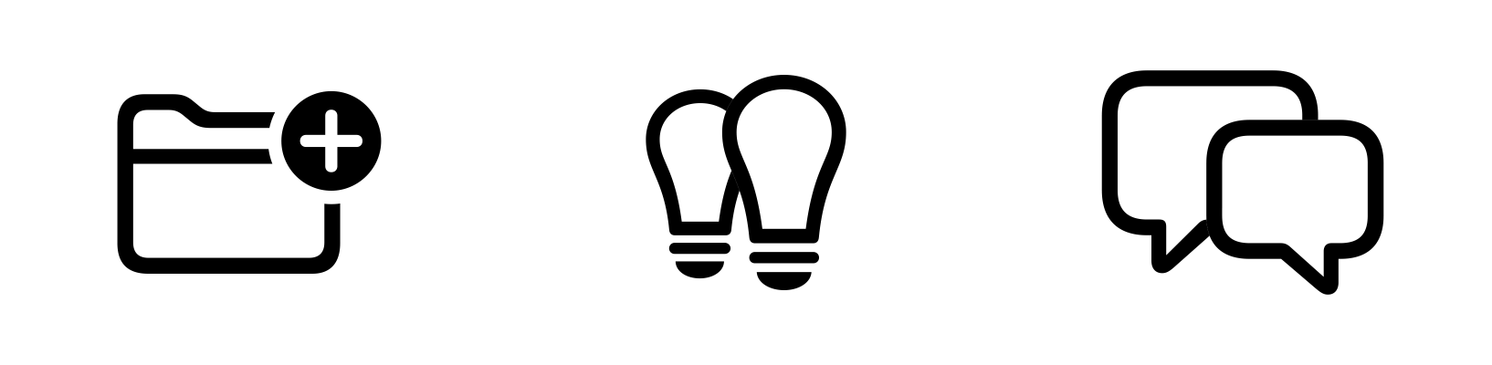 A video showing three symbols with the same disappear animation effect applied to each. In each animation, all the symbol layers gradually animate out of view. From the left, the symbols are a folder with a badge plus icon, two overlapping lightbulbs, and two overlapping chat bubbles