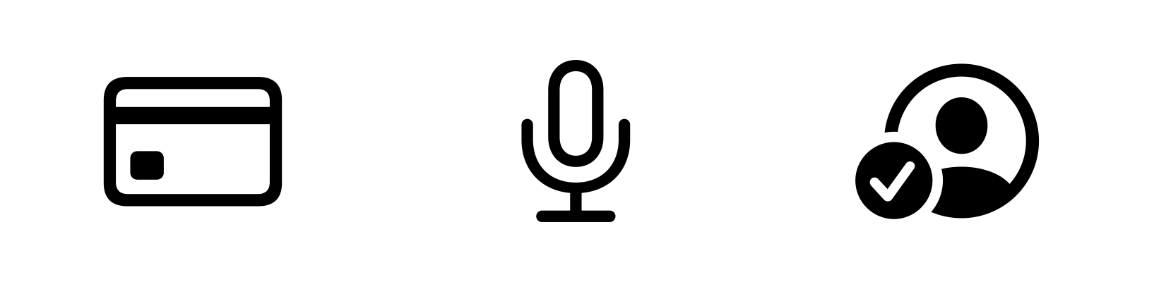 A video showing three symbols each with a shape being added, removed, or replaced using the Magic Replace animation effect. In each animation, the symbol is transformed, and then the transformation is reverted. From the left, the symbols are a credit card with a triangle caution shape added, a microphone with a diagonal slash added, and a circular ID with a checkmark badge replaced by an X badge.