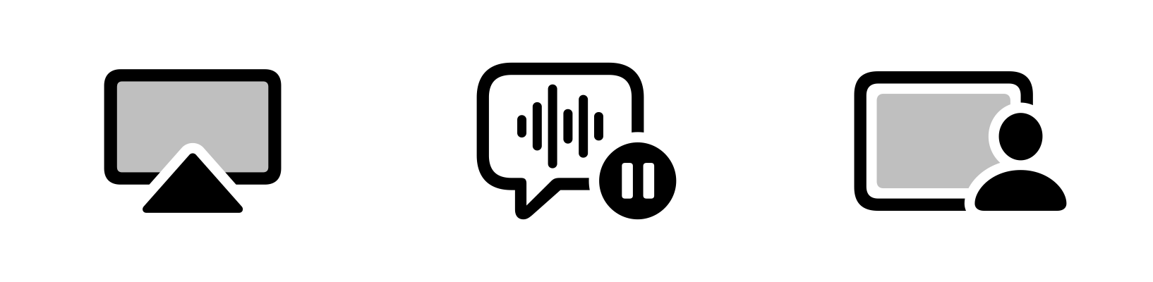 A video showing three symbols with the same pulse animation effect applied to each. In each animation, one layer pulses its opacity. From the left, the symbols are the AirPlay icon with a pulsing screen, a chat bubble with a waveform that is overlapped with a pulsing pause button, and a pulsing rectangle to represent a screen that is overlapped with a person icon.