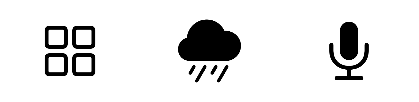 A video showing three symbols with the same replace animation effect applied to each. In each animation, one symbol is replaced by a new symbol, and then replaced by the original symbol. From the left, the symbols are a grid of four squares replaced by a bulleted list, a cloud with rain replaced by a cloud partly blocking the sun, and microphone symbol replaced by an x symbol in a circle.