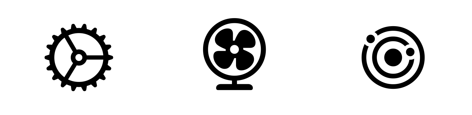 A video showing three symbols that either rotate completely or contain a rotating shape. From the left, the symbols are a rotating gear; a desk fan with rotating fan blades; and two dots rotating on concentric orbital paths around a center circle.
