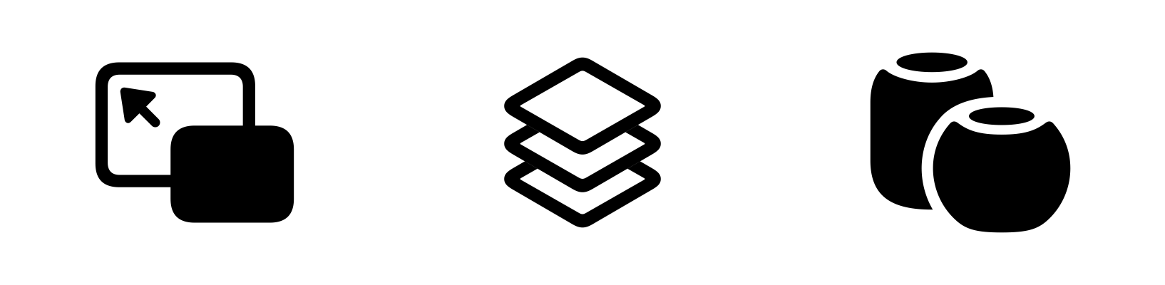 A video showing three symbols with the same scale animation effect applied to each. In each animation, the symbol decreases in size, and after a pause, increases back to the original size. From the left, the symbols are a PIP exit window, a 3D stack of three diagonally positioned squares, and an overlapping HomePod and HomePod mini.