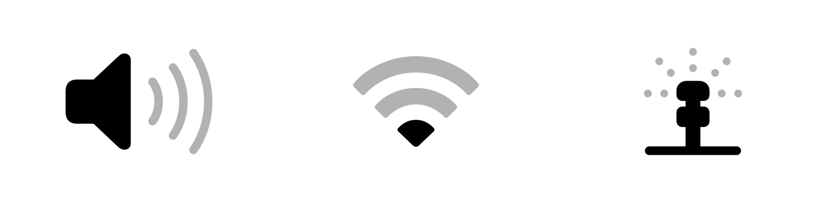 A video showing three symbols with the same variable color animation effect applied to each. In each animation, color is added one path at a time. From the left, the symbols are a speaker with color cycling through three sound waves, a Wi-Fi symbol with color cycling through two paths that represent signal strength before reversing and replaying the animation, and a sprinkler icon with color cycling through droplets.