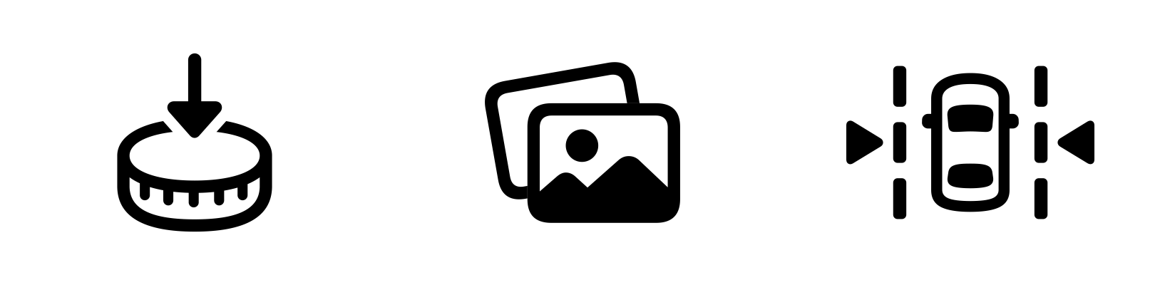 A video showing three symbols that wiggle laterally, rotationally, or along a linear axis. From the left, the symbols are an arrow pointing down at a container that wiggles vertically; a stack of two photos that wiggles rotationally; and a top-down car between two lane markers with arrows pointing inward that wiggles horizontally.
