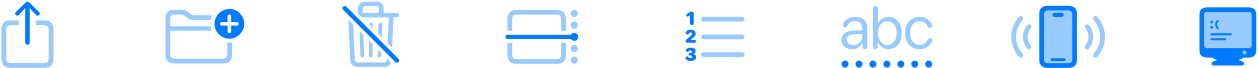 A diagram showing a row of eight symbols, each of which uses different opacities of the system blue color. From the left, the square and arrow up symbol uses full opacity for the arrow and low opacity in the square. Next, folder badge plus uses full opacity for the badge and low opacity for the folder. Trash slash uses full opacity for the slash and low opacity for the can. Calendar day timeline right uses full opacity for the horizontal indicator and low opacity for the square and dots. List number uses full opacity for the column of numbers and low opacity for the horizontal lines. Text format A B C dotted underline uses full opacity for the dots under the low-opacity letters. iPhone radio waves left and right uses full opacity for the device outline, mid opacity in the screen area, and low opacity for the radio wave lines. Lastly, the PC symbol uses full opacity for the device outline and the onscreen sad face and horizontal lines and mid opacity in the screen background.