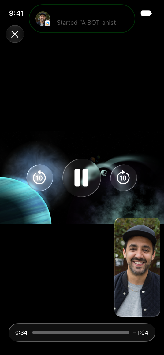 A shared video playing on a participant's iPhone. A banner at the top shows who started the SharePlay activity, and a video thumbnail of that person appears in the lower-right corner.