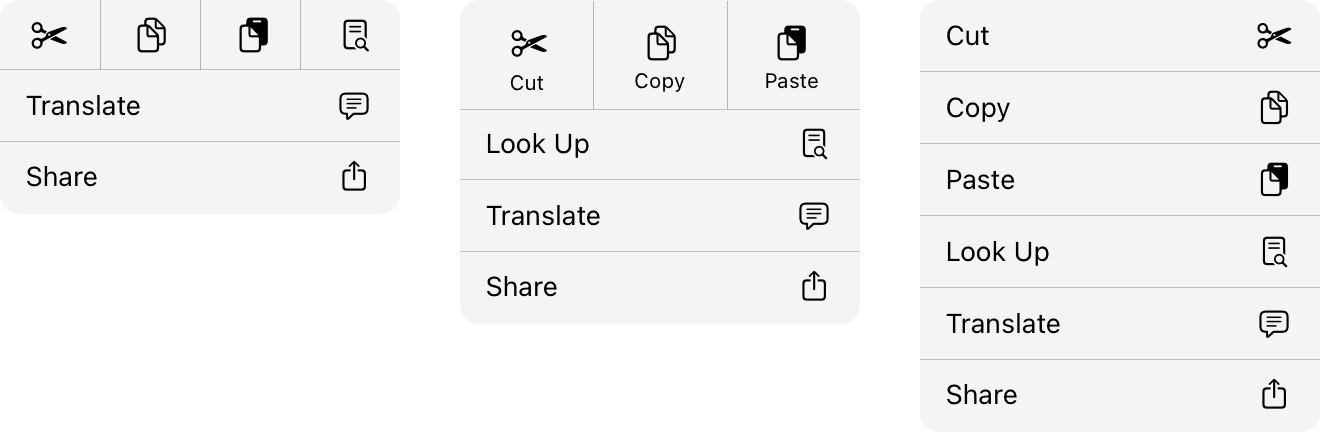 A diagram showing small, medium, and large menu layouts, each containing the same set of menu items.