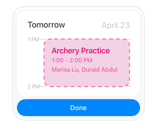 An illustration of a result snippet from Calendar that shows details for an upcoming event. The snippet omits the dialogue from the top and includes the event title, date, time, and participants in the custom view only.