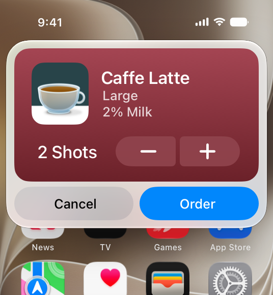 A partial screenshot showing a confirmation snippet on iPhone. The snippet includes an order summary at the top, with a Cancel button and an Order button at the bottom for the person to cancel or confirm the order.