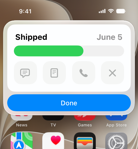 A partial screenshot showing a result snippet on iPhone. The snippet includes an order status and shipping date at the top, with a Done button at the bottom for the person to dismiss the snippet.