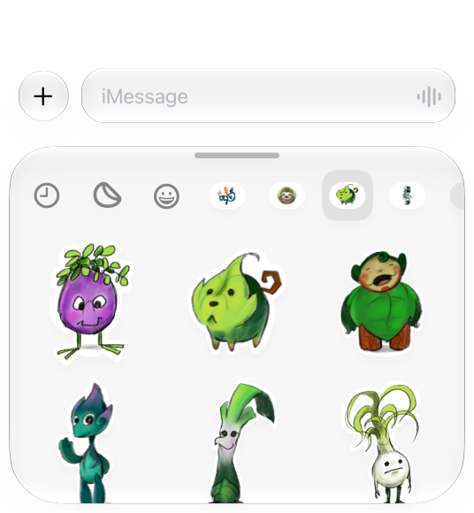 An illustration showing a grid of regular stickers in the bottom half of an iPhone screen. Six stickers are visible in the area, in two rows of three.