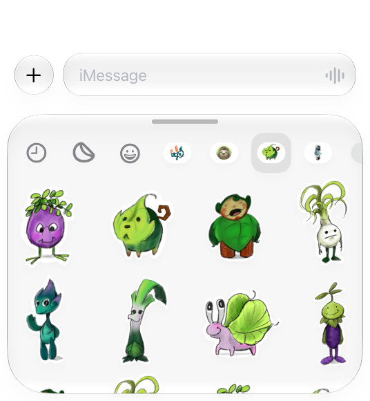 An illustration showing a grid of small stickers in the bottom half of an iPhone screen. Eight stickers are visible in the area, followed by a partial row of four, arranged in three rows.