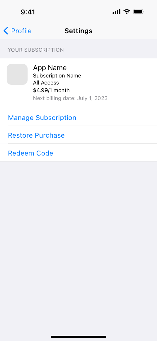 A screenshot of an app’s subscription settings screen on iPhone. It includes the app name, subscription level, price, and next billing date, above buttons for Manage Subscription, Restore Purchase, and Redeem Code.