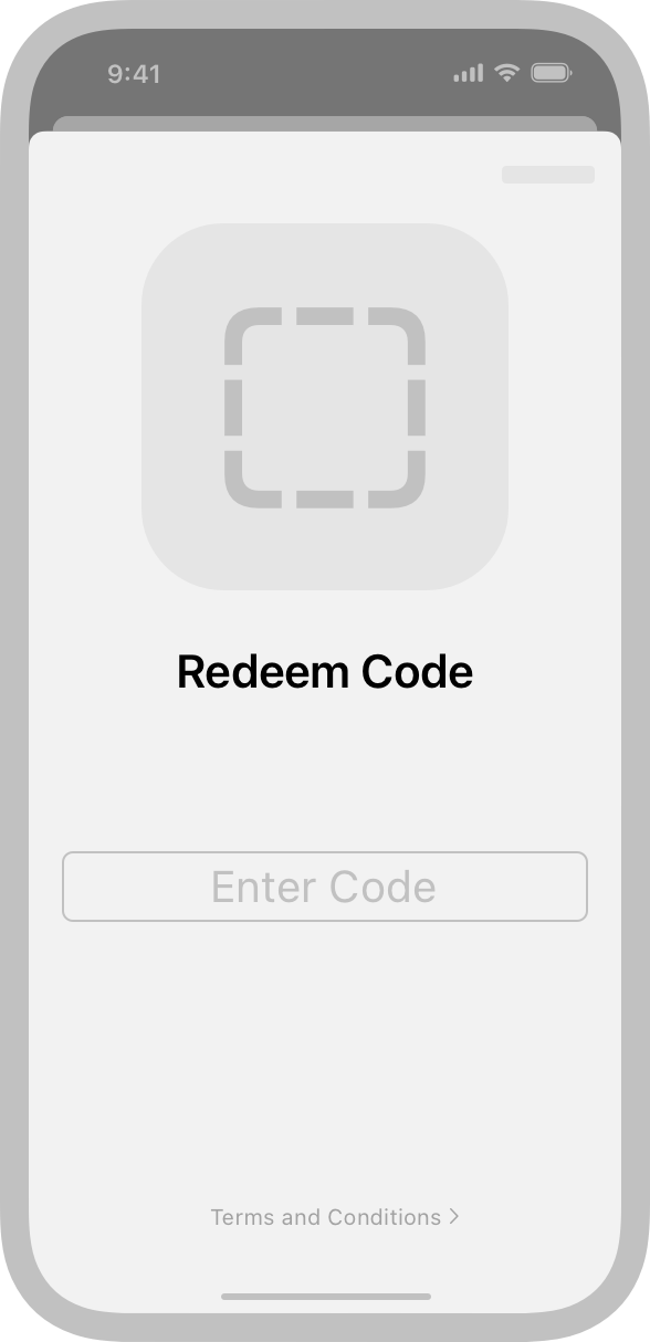 An illustration representing a code redemption screen on iPhone. The top of the screen contains a large icon area above the label Redeem Code and a text field containing placeholder text that says Enter Code. The bottom of the screen contains a tappable link to view Terms and Conditions.