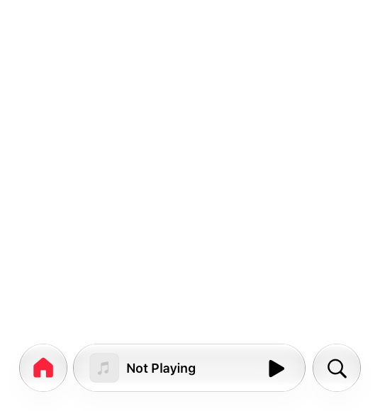An illustration of the bottom half of an iPhone in portrait orientation, with the Music app open. The tab bar is minimized into the currently open tab at the leading bottom corner of the screen, with the MiniPlayer at the bottom center, and the search tab in the trailing corner.