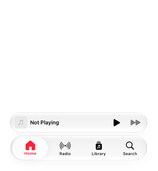 An illustration of the bottom half of an iPhone in portrait orientation, with the Music app open. The MiniPlayer is open above the tab bar at the bottom of the screen.