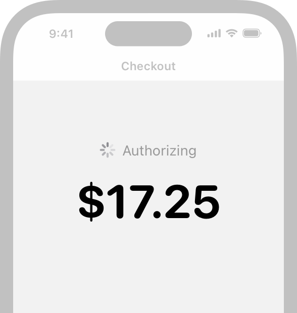 An illustration of an app's checkout screen showing an indeterminate progress indicator followed by the text 'Authorizing' above a purchase total.