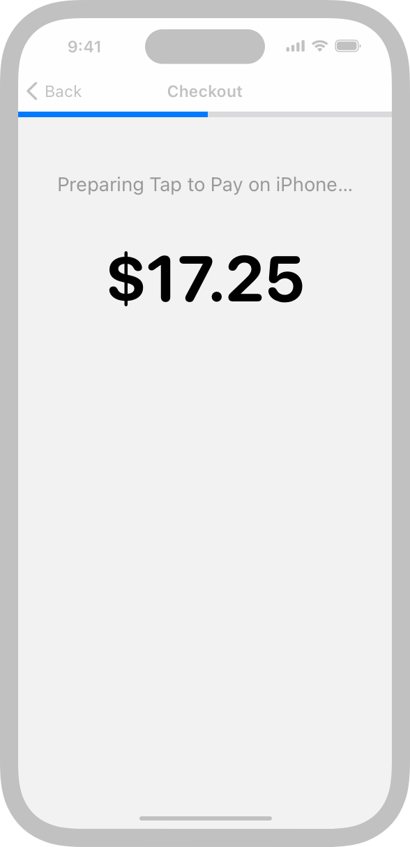 An illustration of an app screen that displays a determinate progress indicator followed by the text 'Preparing Tap to Pay on iPhone' above a purchase total.