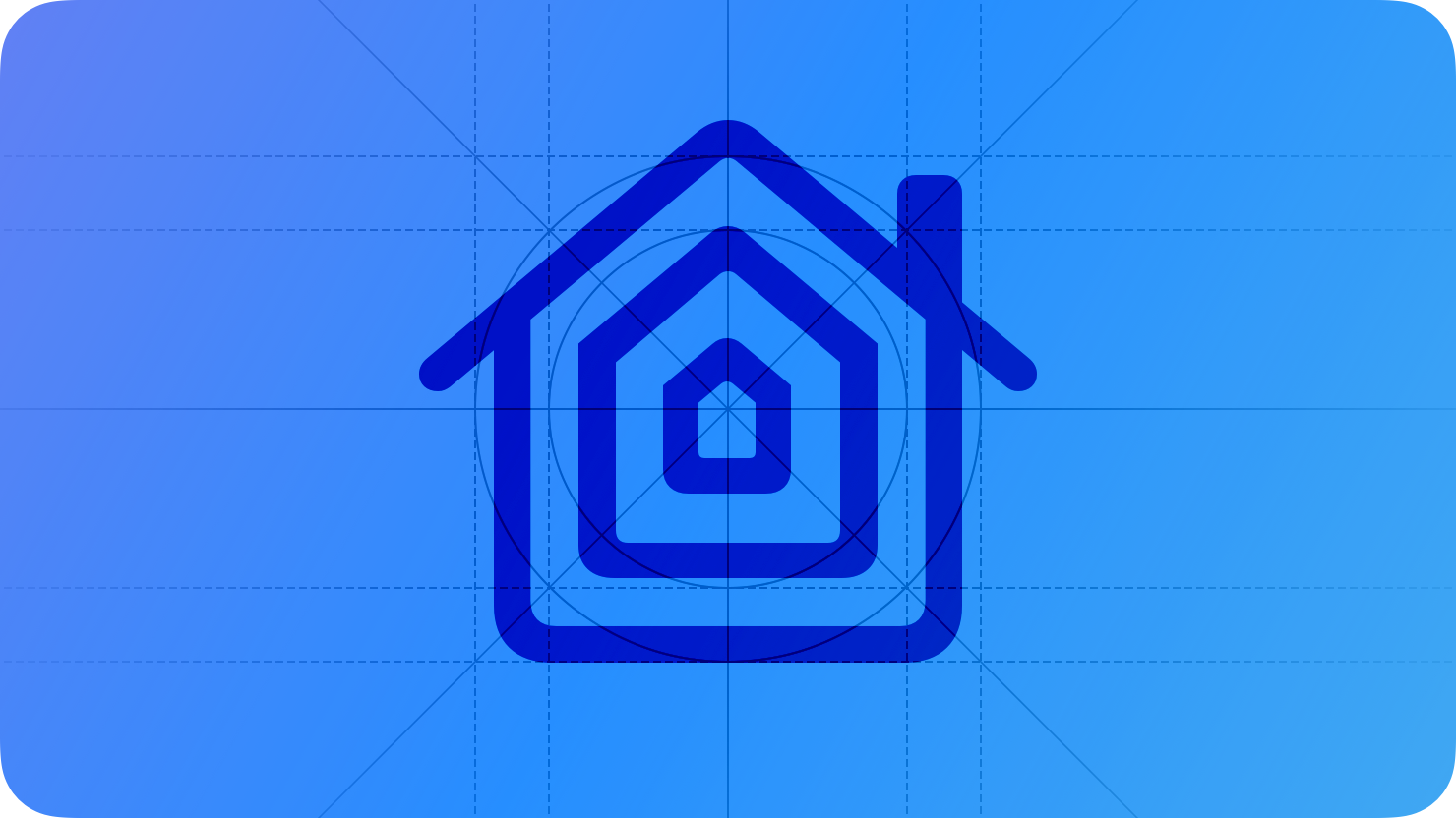A sketch of the HomeKit icon. The image is overlaid with rectangular and circular grid lines and is tinted blue to subtly reflect the blue in the original six-color Apple logo.