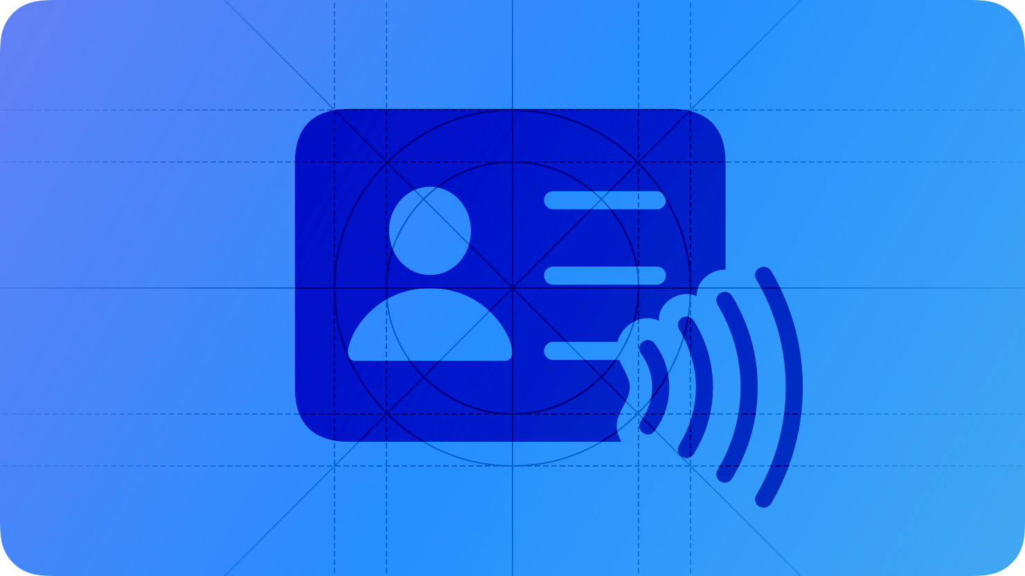 A sketch of progressively larger curved lines emerging from the bottom corner of an ID card, suggesting ID Verifier. The image is overlaid with rectangular and circular grid lines and is tinted blue to subtly reflect the blue in the original six-color Apple logo.