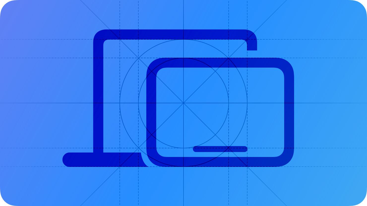 A sketch of an iPad overlapping a Mac, suggesting an iPad app running on Mac. The image is overlaid with rectangular and circular grid lines and is tinted blue to subtly reflect the blue in the original six-color Apple logo.