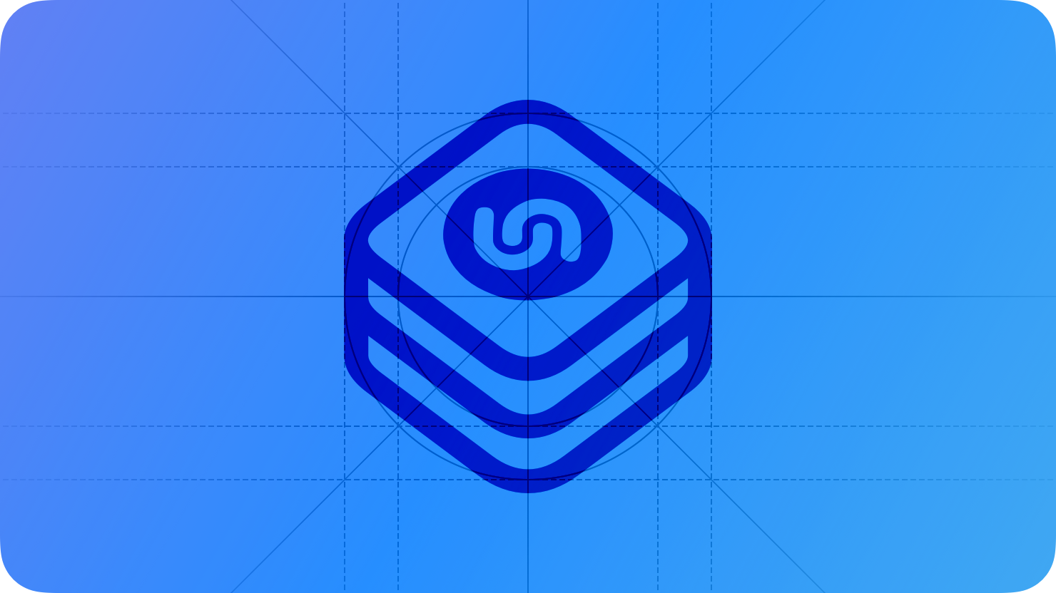 A sketch of the ShazamKit icon. The image is overlaid with rectangular and circular grid lines and is tinted blue to subtly reflect the blue in the original six-color Apple logo.