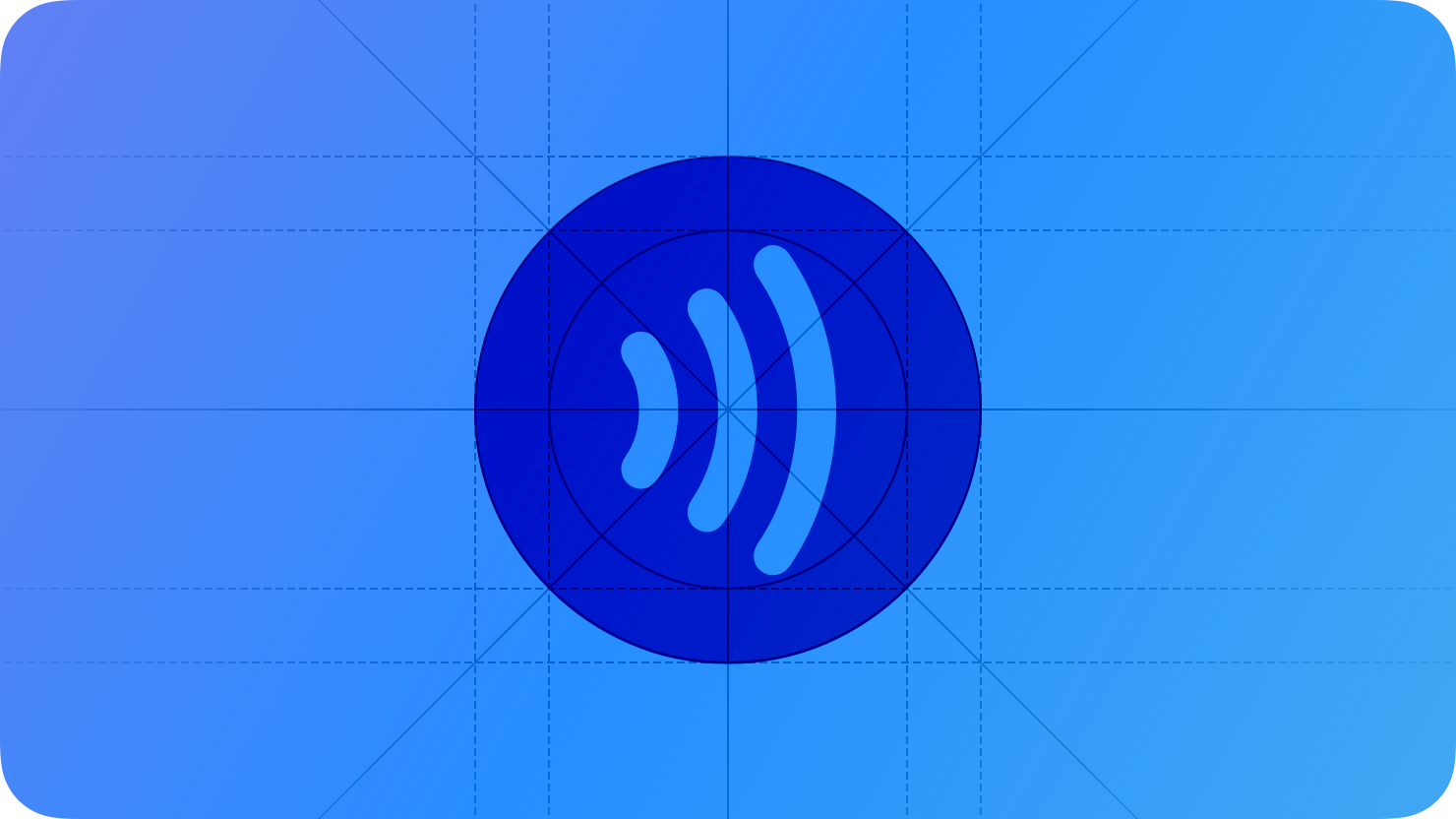 A sketch of progressively larger curved lines extending toward the right within a circle, suggesting Tap to Pay on iPhone. The image is overlaid with rectangular and circular grid lines and is tinted blue to subtly reflect the blue in the original six-color Apple logo.