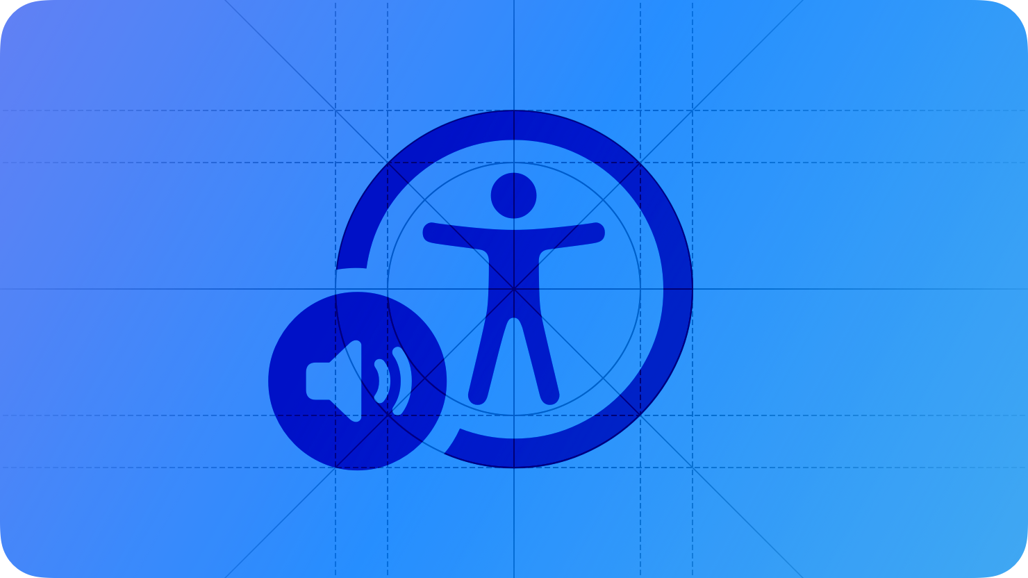 A sketch of the VoiceOver icon. The image is overlaid with rectangular and circular grid lines and is tinted blue to subtly reflect the blue in the original six-color Apple logo.