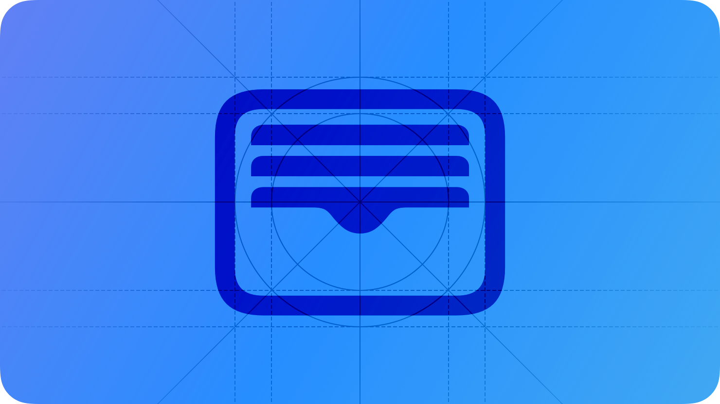 A sketch of the Wallet icon. The image is overlaid with rectangular and circular grid lines and is tinted blue to subtly reflect the blue in the original six-color Apple logo.
