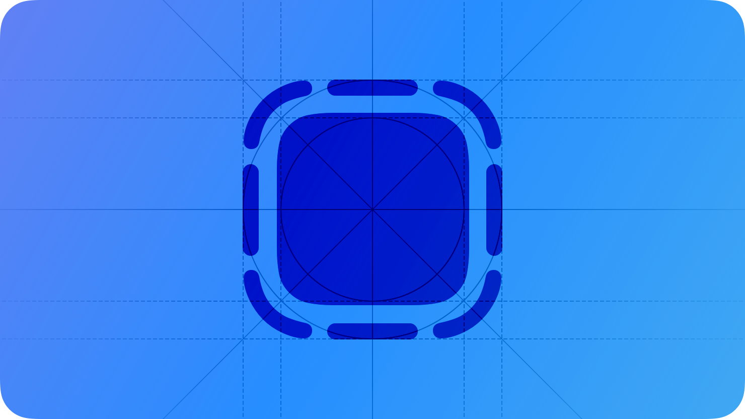 A sketch of an app icon surrounded by a dashed line, suggesting an App Clip. The image is overlaid with rectangular and circular grid lines and is tinted blue to subtly reflect the blue in the original six-color Apple logo.