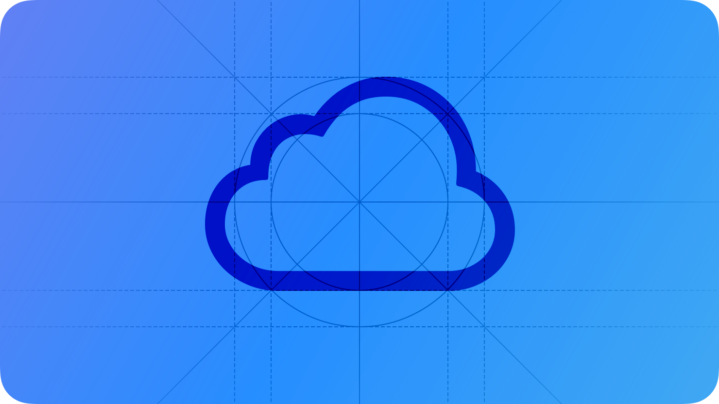 A sketch of the iCloud icon. The image is overlaid with rectangular and circular grid lines and is tinted blue to subtly reflect the blue in the original six-color Apple logo.