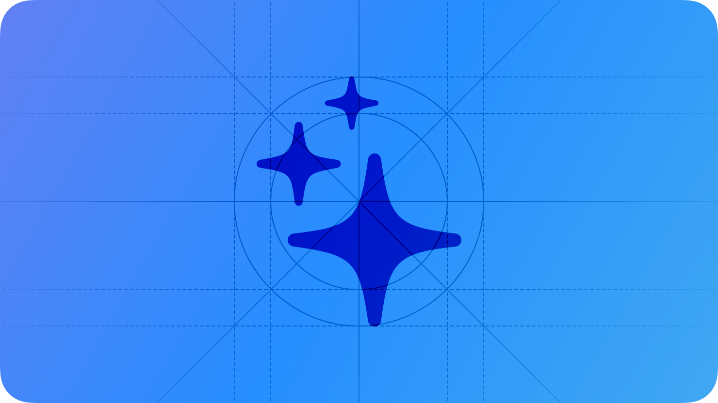 A sketch of sparkly stars, suggesting intelligence. The image is overlaid with rectangular and circular grid lines and is tinted blue to subtly reflect the blue in the original six-color Apple logo.