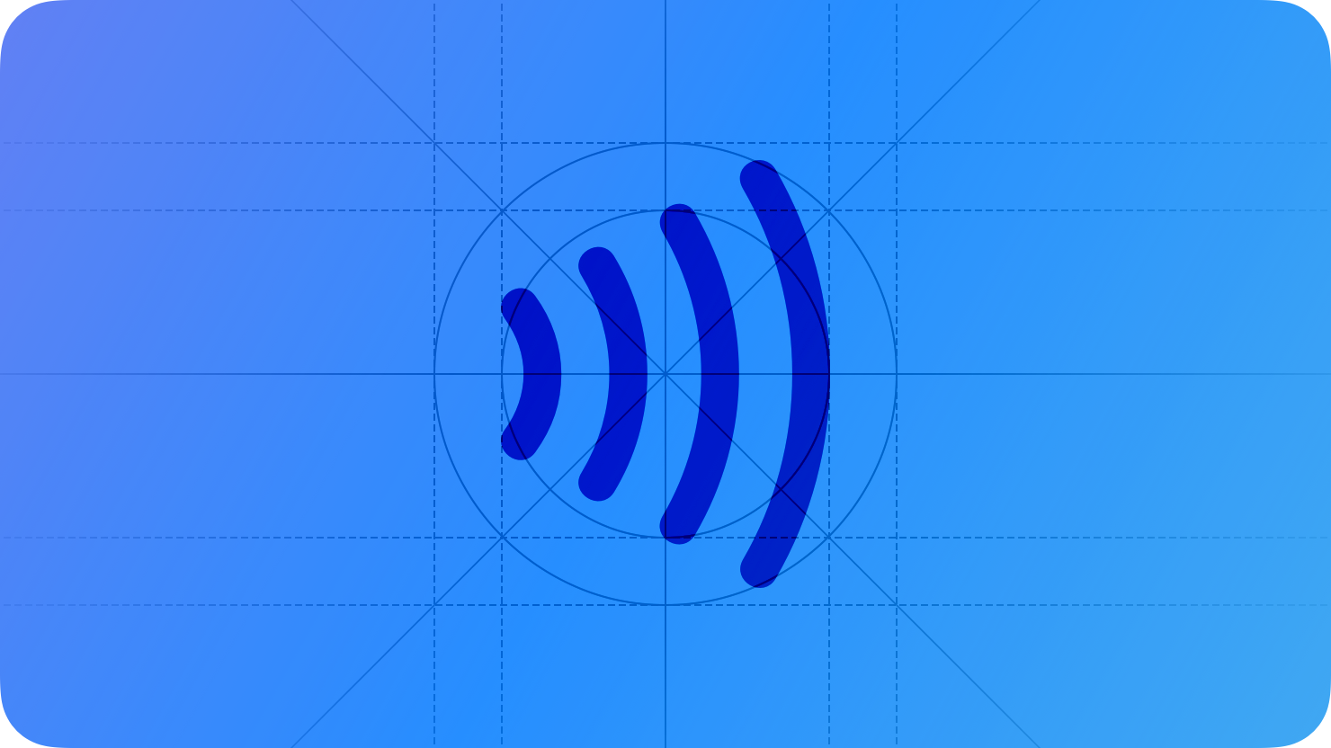 A sketch of progressively larger curved lines extending toward the right, suggesting near-field communication. The image is overlaid with rectangular and circular grid lines and is tinted blue to subtly reflect the blue in the original six-color Apple logo.