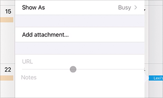 A video snippet showing the bottom half of a new event popover in Calendar. At the beginning of the video, the pointer is within the URL field and it uses the I-beam shape. As the pointer moves between the URL and Notes fields, it briefly reverts to its default circular shape; when the pointer enters the Notes field, it uses the I-beam shape again.