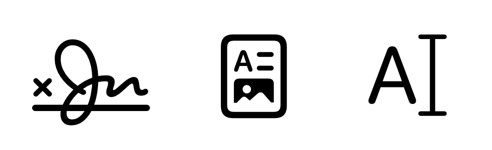 A small X left-aligned above a horizontal line. A stylized signature begins at the X and finishes at the right end of the line. A rounded rectangle containing a capital letter A in the top-left corner and a stack of two horizontal lines in the top-right corner. A placeholder image appears in the bottom half of the rectangle. A large capital letter A to the left of a tall I-beam cursor.